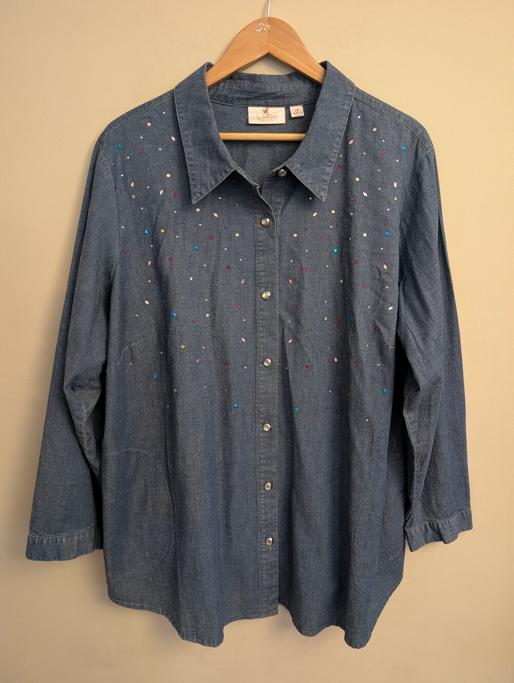 Quacker Factory Chambray Blue Rhinestone Bedazzled Button Down Shirt Size 2X